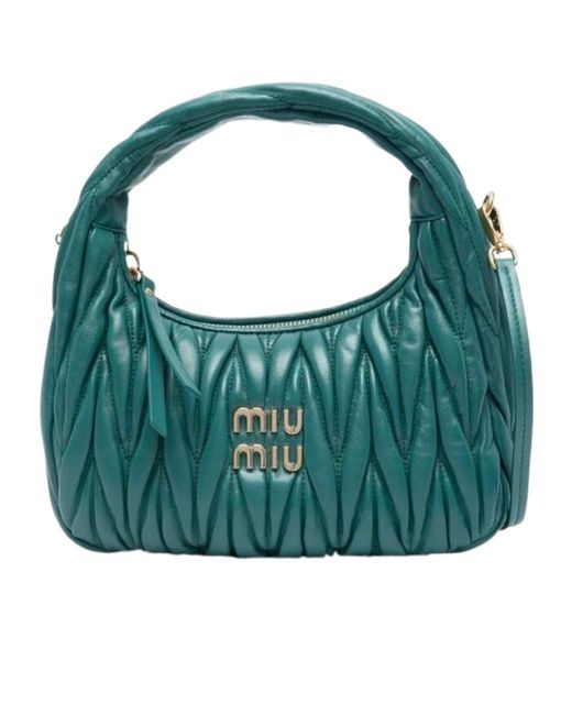 Miu Miu Green Wander Matelassé Logo Plaque Mini Hobo Bag