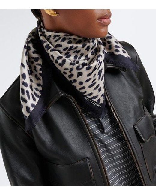 Nili Lotan Gray Leopard Print Silk Scarf