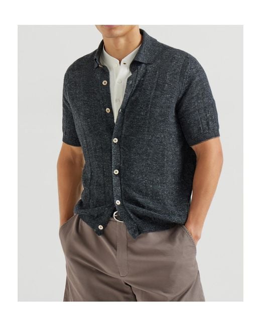 Brunello Cucinelli Black Linen And Cotton Textured Rib Short Sleeve Knit Shirt for men