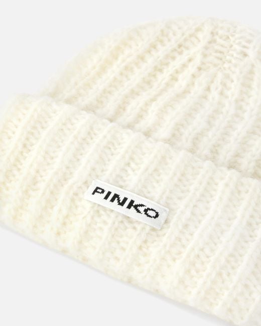 Pinko White Logo Patch Turn-Up Beanie
