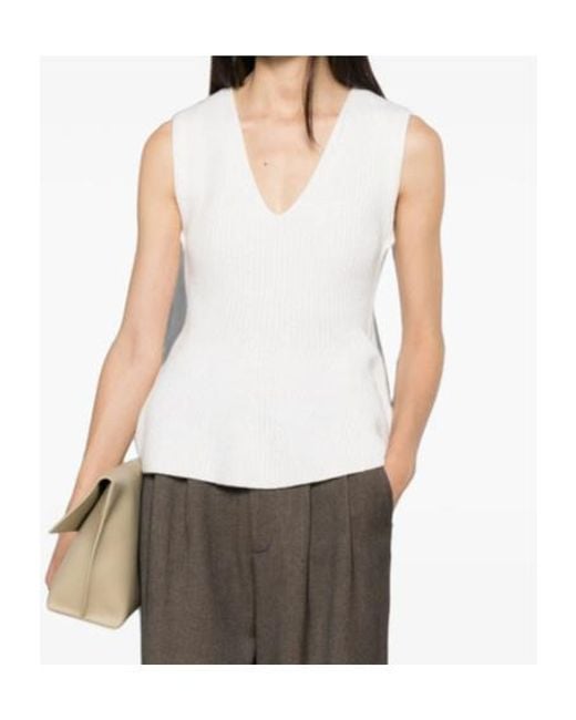 Lisa Yang White V-Neck Sleeveless Knit Top