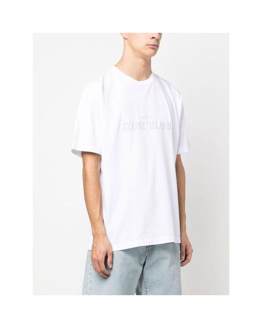Stone Island White Logo-Embroidered T-Shirt for men