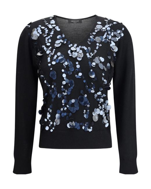 Fabiana Filippi Blue Sequin-Embellished V-Neck Sweater