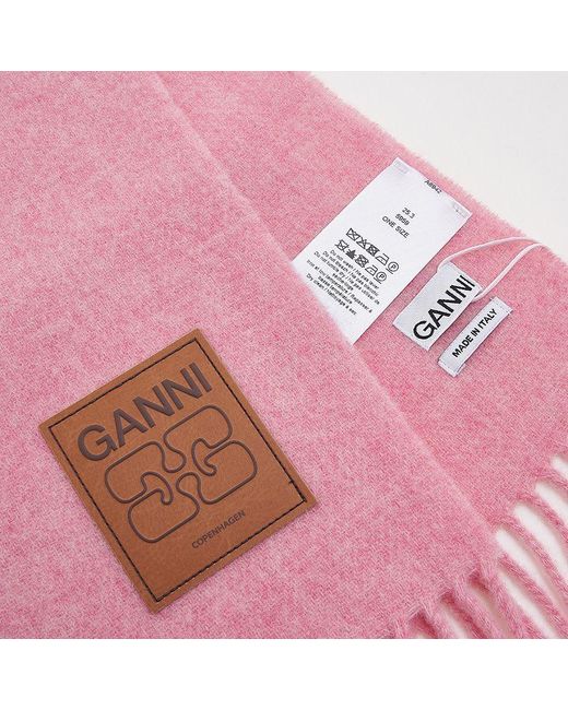 Ganni Pink Logo Patch Fringed Edge Scarf