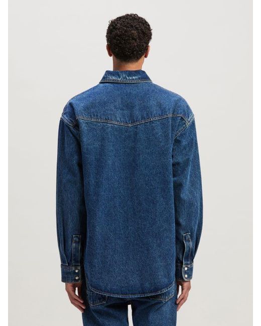 Palm Angels Blue Logo-Embroidered Drop Shoulder Denim Shirt for men