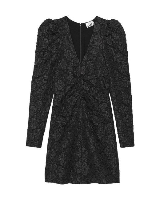 Ganni Black Jacquard V-Neck Mini Dress