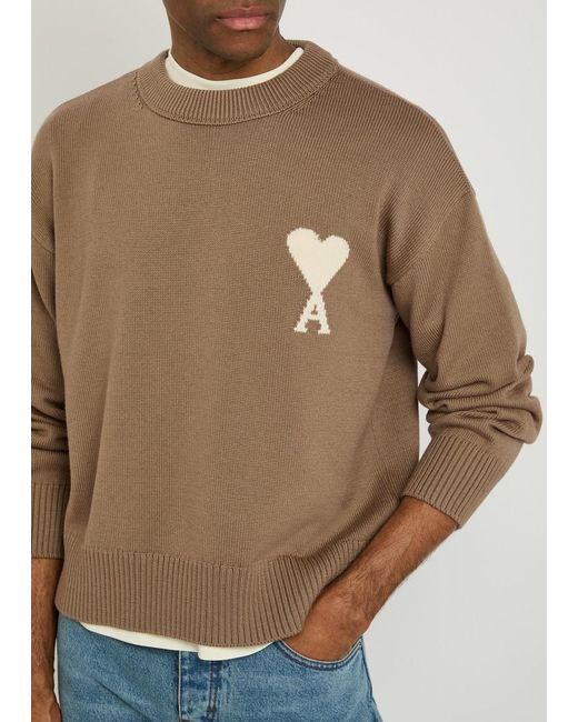 AMI Brown Logo-Intarsia Wool And Cotton-Blend Jumper for men