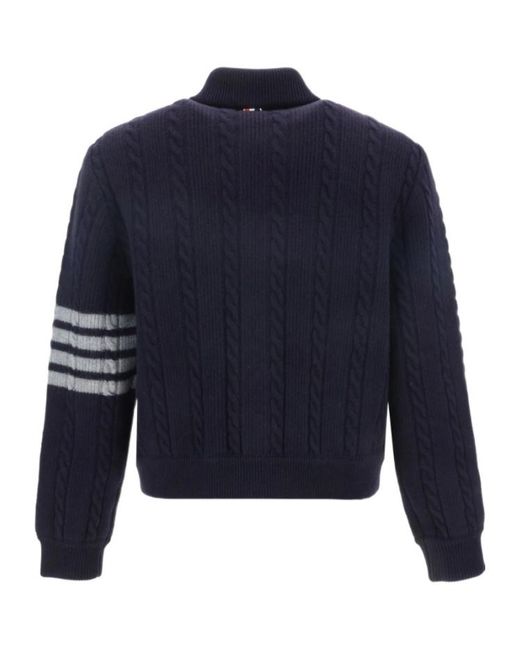 Thom Browne Blue Bar Stripe Cable-Knit Bomber Jacket for men