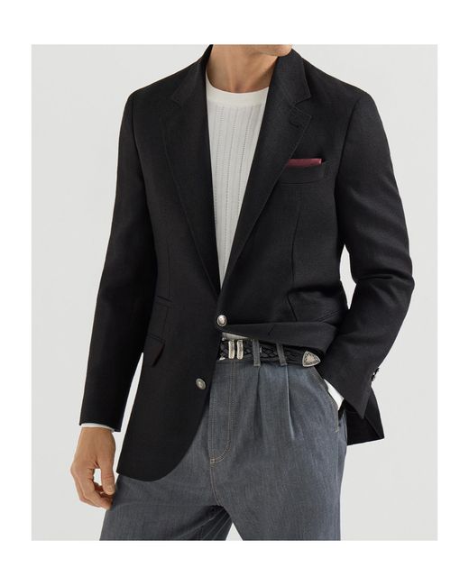 Brunello Cucinelli Black Silk, Linen And Wool Hopsack Deconstructed Blazer With Metal Buttons for men