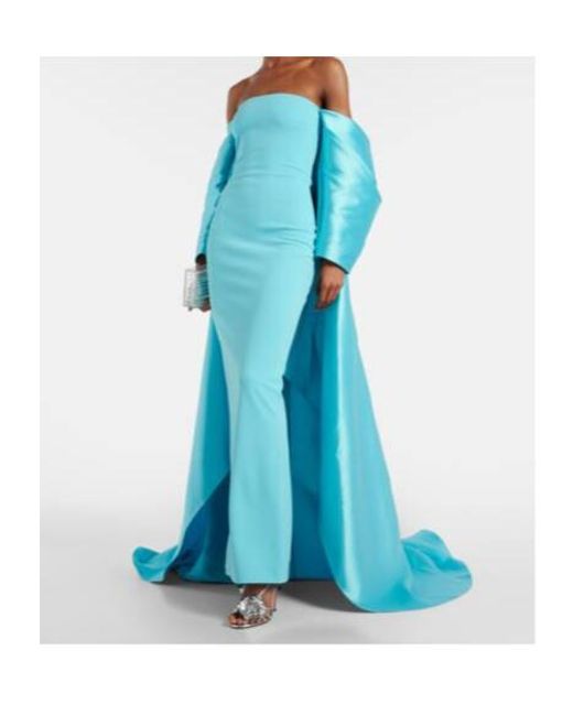 Solace London Blue Kyla Caped Twill And Crêpe Gown