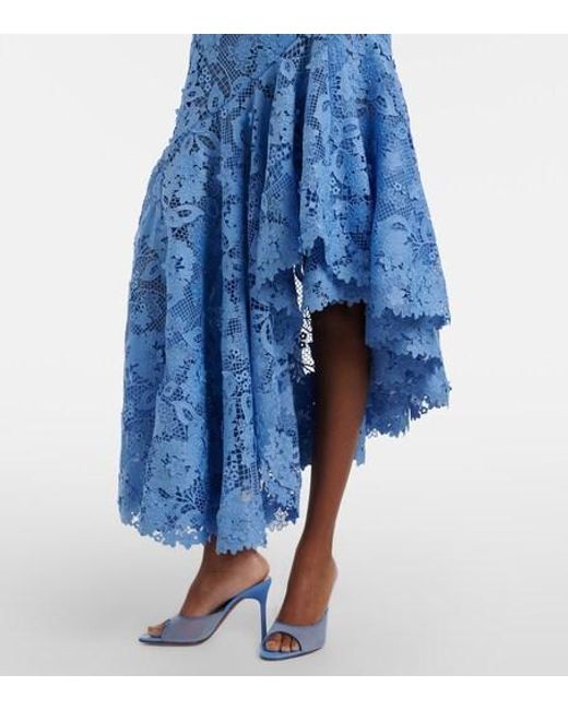 Oscar de la Renta Blue Asymmetric Floral Embroidered Cocktail Dress