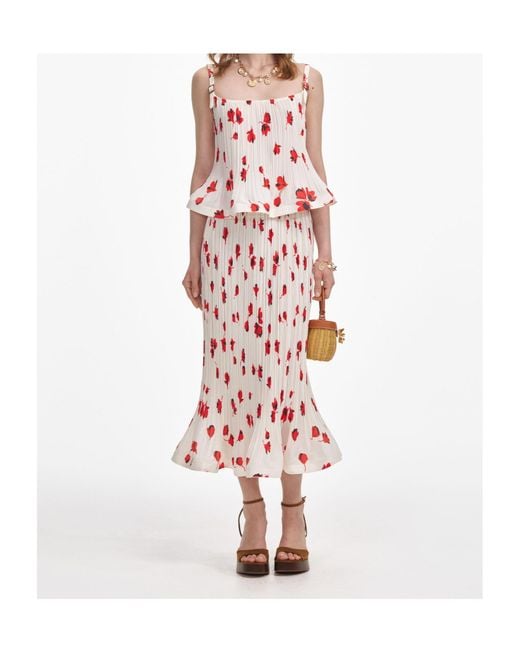 Self-Portrait Red Floral Plisse Midi Skirt