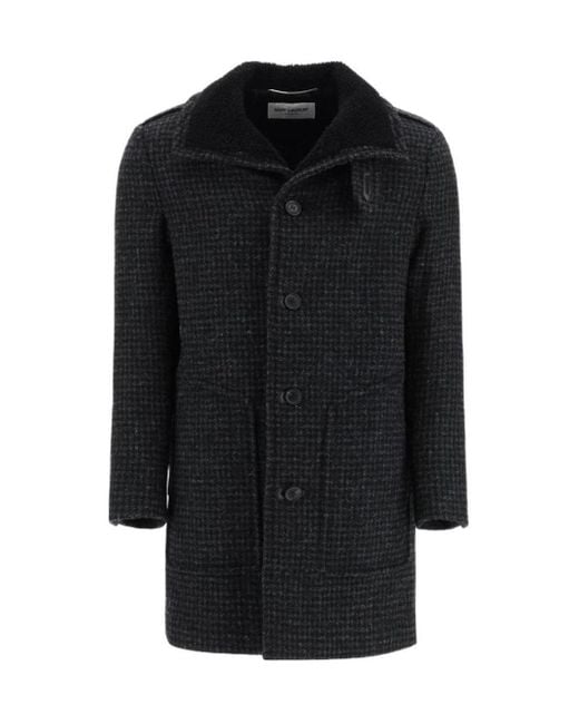 Saint Laurent Black Shearling-Collar Check Wool Coat for men