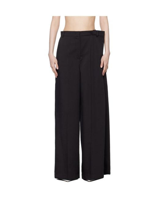 Pushbutton Black Side-Folded Wide-Leg Casual Pants