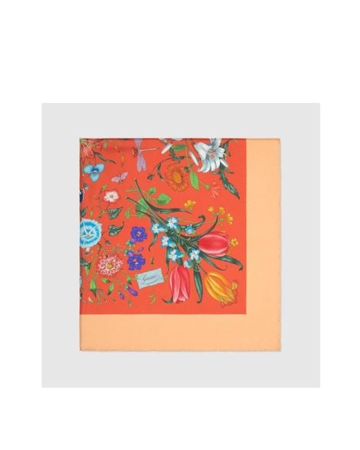 Gucci Orange Floral Printed Square Scarf