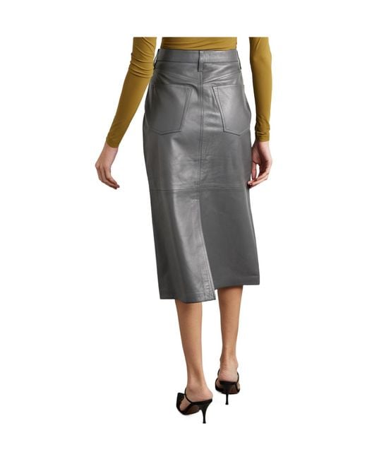 Goldsign Gray Leather Midi Skirt