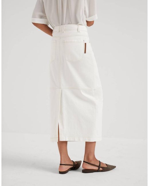 Brunello Cucinelli White High-Waisted Denim Midi Skirt