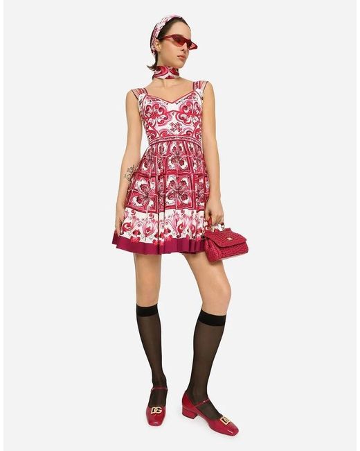 Dolce & Gabbana Red Short Majolica-Printed Charmeuse Bustier Dress
