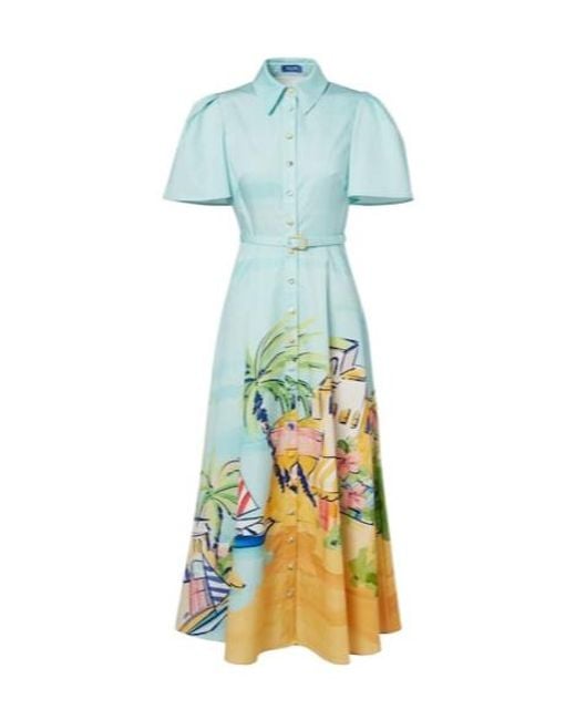 Leo Blue Printed Belted Cotton Shirt Dress