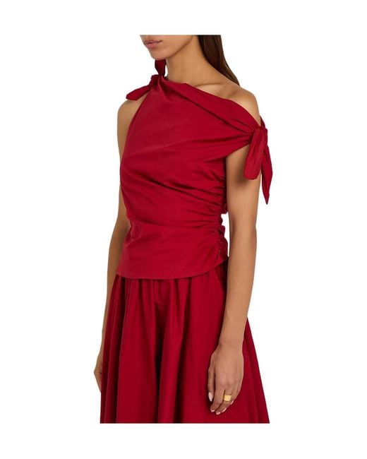 Staud Red Ruched Stretch-Cotton Top