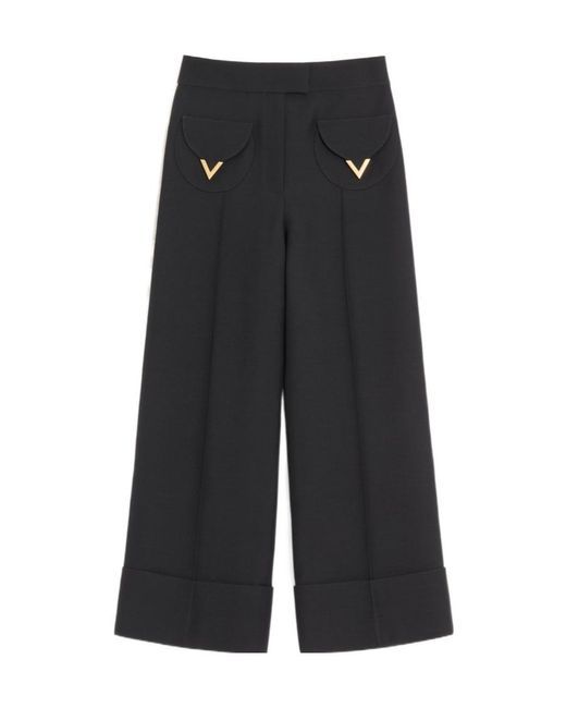 Valentino Black Logo Plaque Wide-Leg Pants