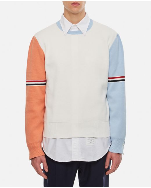 Thom Browne White Color-Block Crewneck Sweater for men