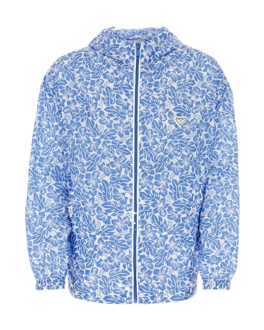 Prada Blue Floral-Printed Zipped Hooded Jacket for men