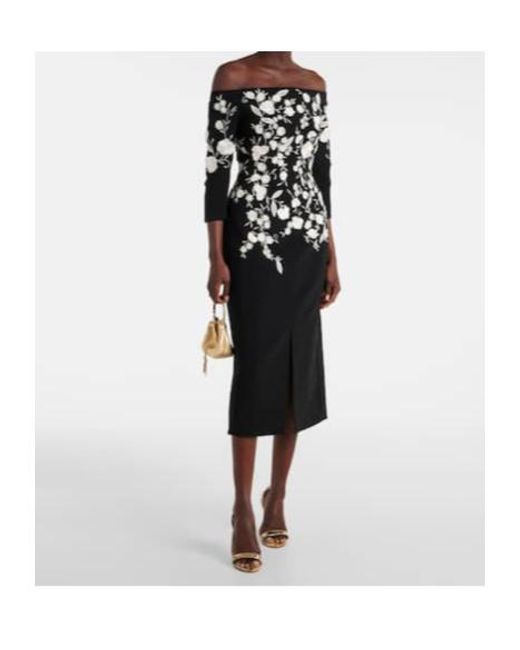 Carolina Herrera Black Embroidered Off-Shoulder Midi Dress