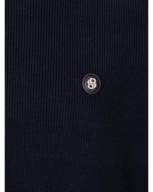 Boss Blue Ribbed-Knit Logo-Plaque Sweater for men