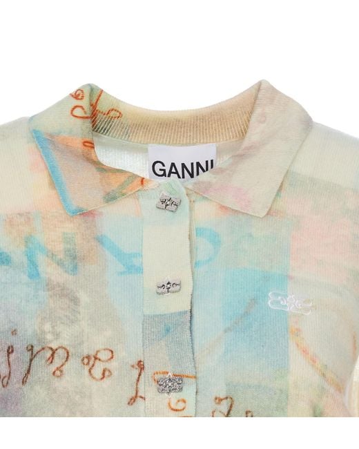 Ganni Blue Printed Cashmere Sleeveless Polo