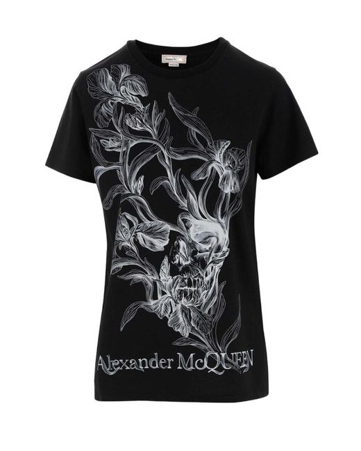 McQueen Black Floral-Print T-Shirt