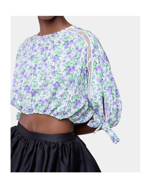 Rabanne Blue Floral Puff-Sleeved Crop Top