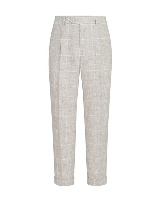 Brunello Cucinelli Gray Linen Prince Of Wales Trousers With Pleat for men