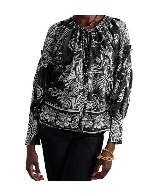 Farm Rio Gray Tie-Detailed Bead-Embellished Printed Cotton-Voile Blouse