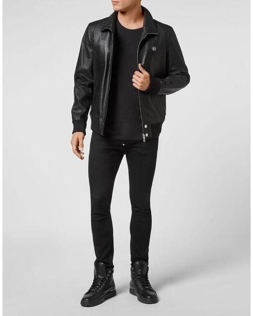 Philipp Plein Black Crocodile-Effect Leather Bomber Jacket for men