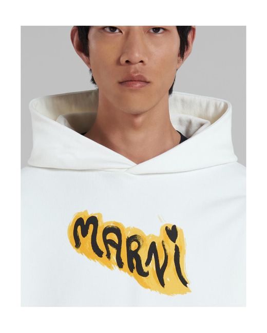 Marni White Graffiti Printed Long Sleeved Hoodie for men