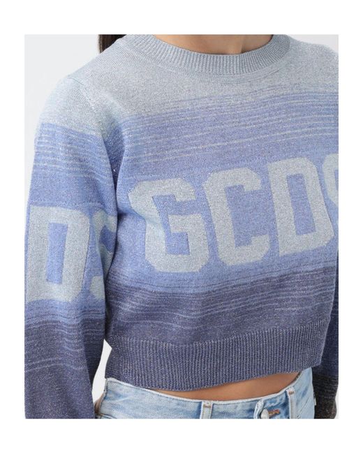 Gcds Blue Intarsia-Knit Logo Cropped Jumper