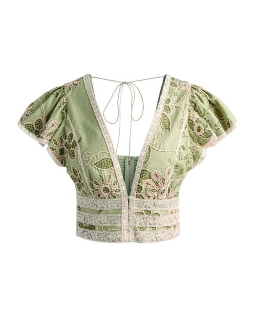 Alice + Olivia Green Keeley Embroidered Flutter Sleeve Top