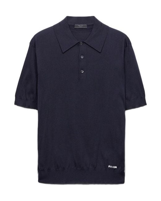 Prada Blue Logo-Jacquard Short-Sleeved Polo Shirt for men