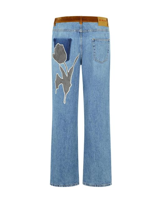 Marni Blue Floral Patch Straight Leg Jeans for men