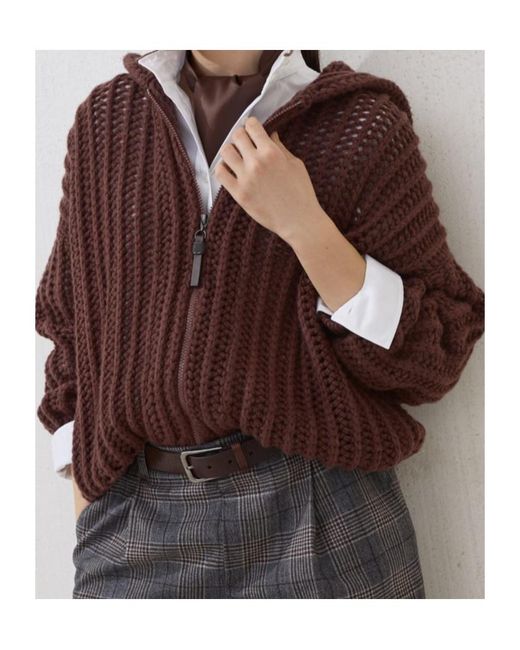 Brunello Cucinelli Brown Openwork Rib Hooded Cardigan