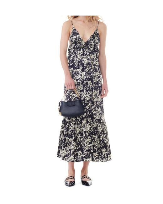 Ganni White Flan Printed Satin Strap Dress
