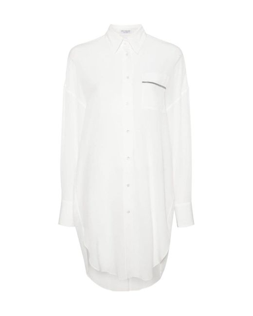 Brunello Cucinelli White Embellished Long-Sleeved Buttoned Shirt