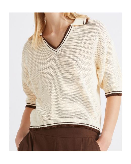 Marella Natural V-Neck Striped Polo-Collar Top