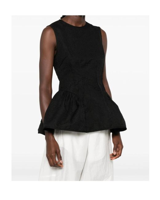 CECILIE BAHNSEN Black Cloqué-Effect Peplum Top