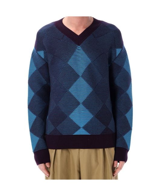 Dries Van Noten Blue Diamond Pattern Sweater for men