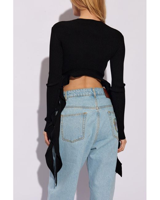 Versace Jeans Black Ruffled Ribbed-Knit Cropped Top