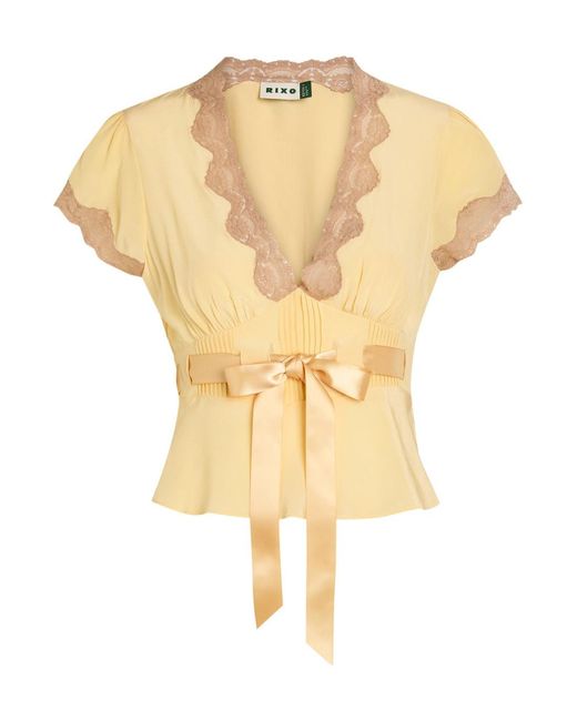 Rixo Yellow Lace-Trim Silk Top
