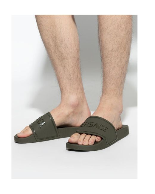 Versace Green Logo Raised Open-Toe Slippers for men
