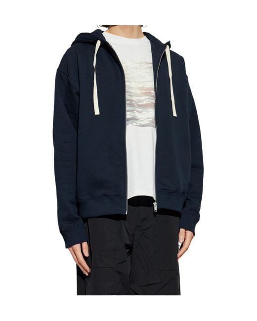 Jil Sander Blue Logo Embroidered Zip-Up Drawstring Hoodie for men